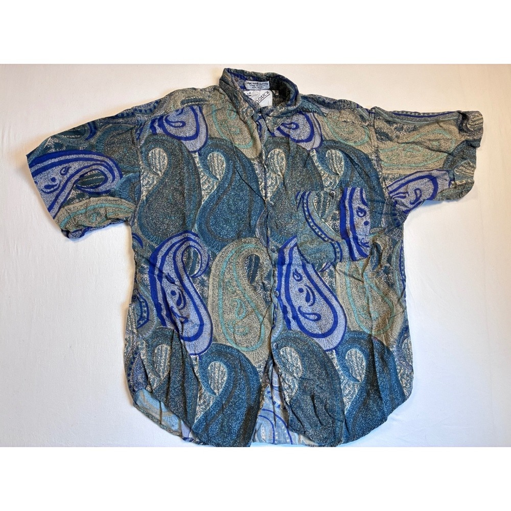 Goouch Mens Rayon Paisley Short Sleeve Button Up Casual Shirt Blue Teal Large